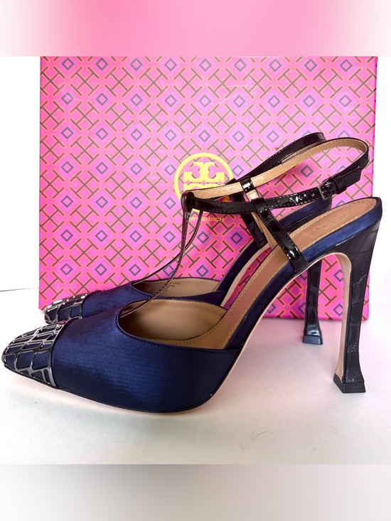 Tory Burch Shoes - NIB Tory Burch T-Strap Navy Satin Metal Lattice Toe Pumps US 10.5, MSRP$398